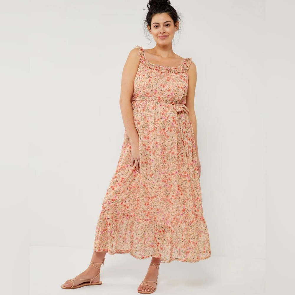 A Pea in the Pod Off Shoulder Ruffle Neck Maxi Maternity Dress